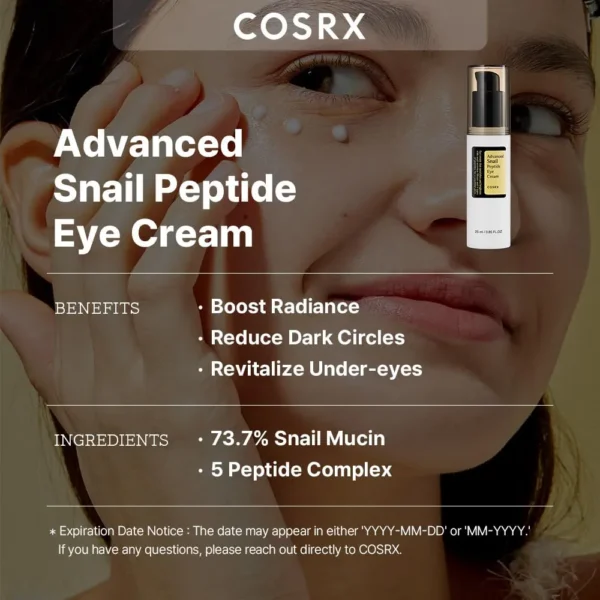 COSRX Advanced Snail Peptide Eye Cream.